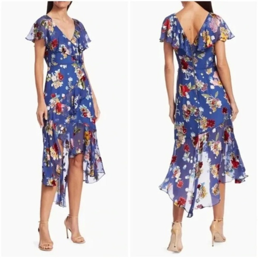 Alice + Olivia Blue Floral High-Low Ruffle Wrap Dress